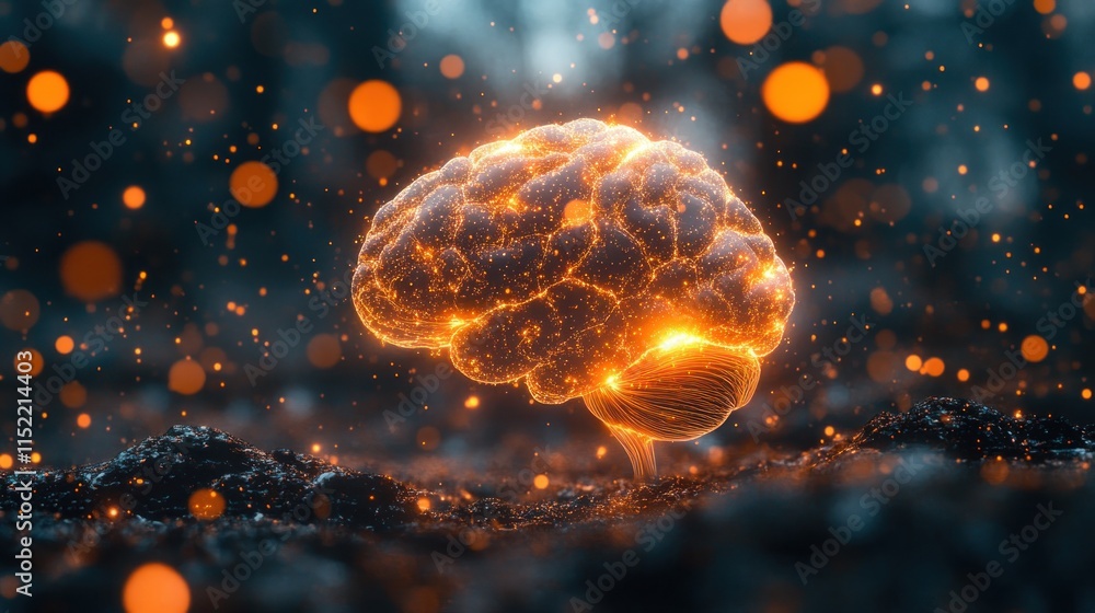 Poster glowing brain sprouting from dark soil, surrounded by bokeh lights.