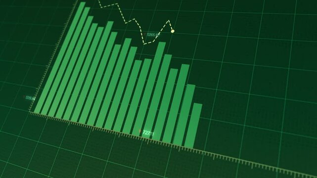 Dynamic green graph analysis, showcasing increased profits and decreased losses, animated bars fluctuating, arrow indicators demonstrating growth trends, Copy space.