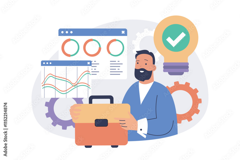 Poster business analytics web concept with flat cartoon people for website design.