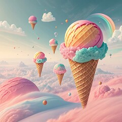 Giant ice cream cones float in a dreamy, pastel-colored sky with clouds and a rainbow, creating a whimsical and surreal scene.