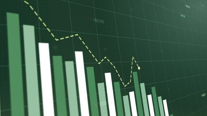 Dynamic infographic presentation showcasing fluctuating profit margins, green and white bar graphs with downward trends, financial analysis and strategic insights, Copy space.