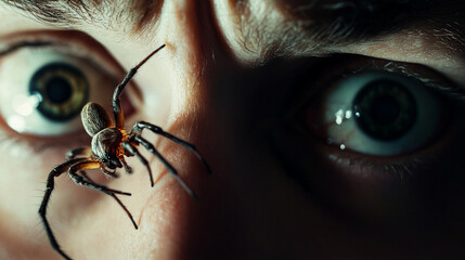 Detailed shot of a spider crawling near a personâs terrified face, eyes widened in horror.
