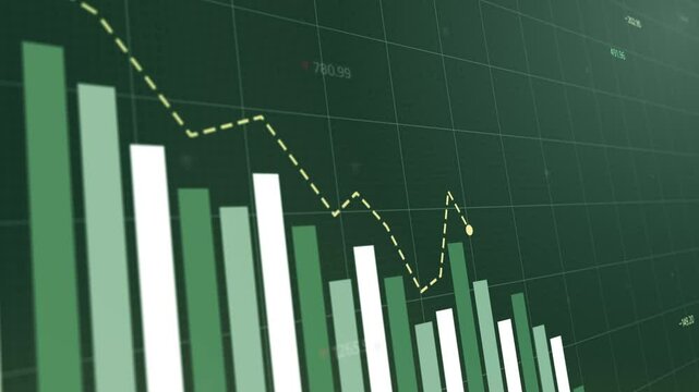 Dynamic infographic presentation showcasing fluctuating profit margins, green and white bar graphs with downward trends, financial analysis and strategic insights, Copy space.