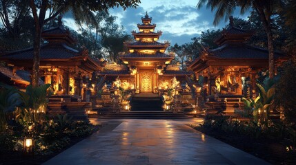 Obraz premium Illuminated Asian temple at dusk, surrounded by lush tropical vegetation and ornate statues.