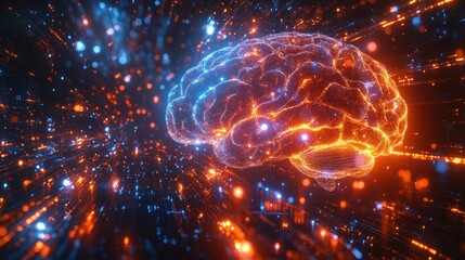 Obraz premium Glowing digital brain, energy, neural network, data flow, AI concept.