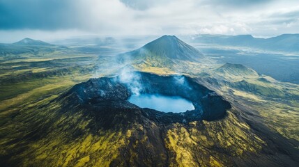 Aerial view of caldera with blue crater lake in volcanic landscape with mountains.