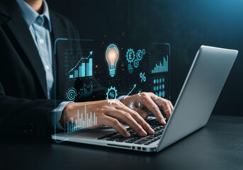 Obraz premium Pricing Strategy and Business Planning Concept. Businessman working on digital interface Pricing Strategy with icons global trade, cost analysis, discounts, and sales optimization. e-commerce.