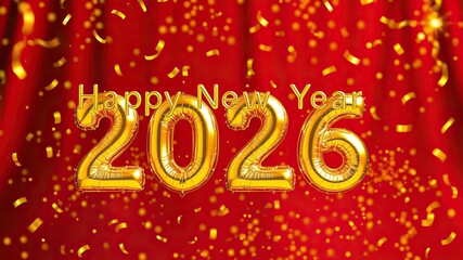 Gold Happy New Year 2026 message Red balloons with decoration party. symbolizes the start of the new year