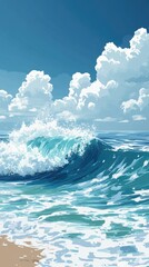 Fototapeta premium Ocean Wave Crashing on Sandy Beach Under Blue Sky