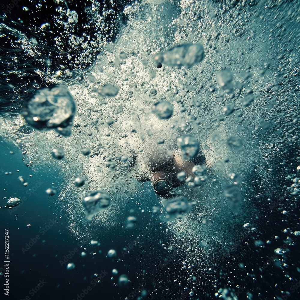 Poster underwater scene with bubbles and a submerged figure, capturing movement and fluidity.