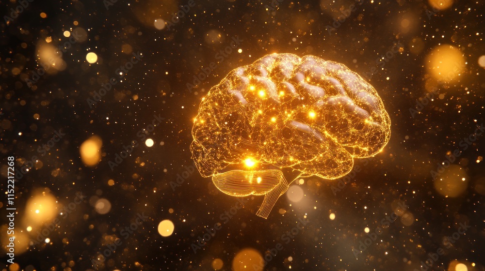 Aufkleber glowing golden human brain, abstract 3d rendering on dark background with bokeh.