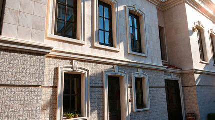 Obraz premium Beige building exterior with multiple windows and doors, featuring decorative trim and patterned stonework. Sunlight casts shadows on the facade. The windows are rectangular with multiple panes.