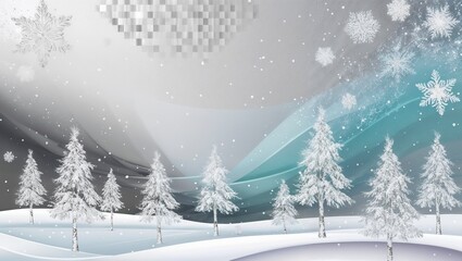 Fototapeta premium A dreamy winter landscape with snow-covered trees and abstract icy blue waves in the background 