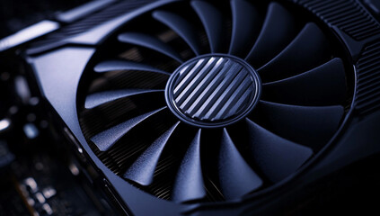 Close-up of a graphics card's fans, with high contrast and sharp focus on the blades, showcasing their powerful design