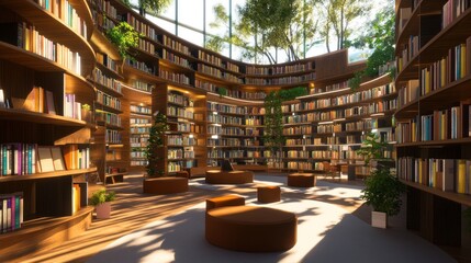 Circular library with bookshelves, plants, and sunlight streaming through a glass ceiling.
