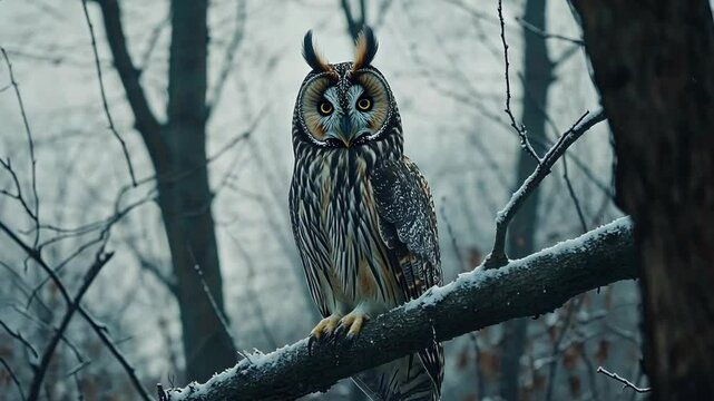 Snowy owl perched on a branch in a winter forest setting during early morning light