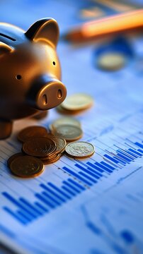 Golden piggy bank on financial document with coins and graphs
