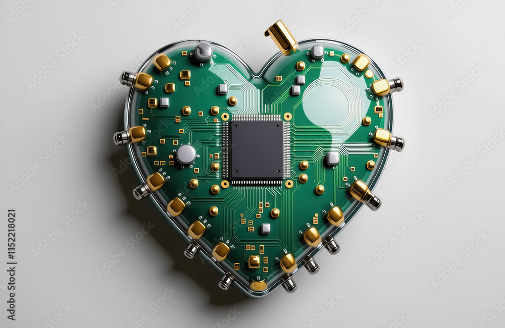 Poster heart-shaped circuit board with microchip and connectors on white background