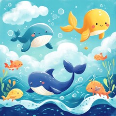 Fototapeta premium Happy Whales and Fish Swim in Ocean Waves