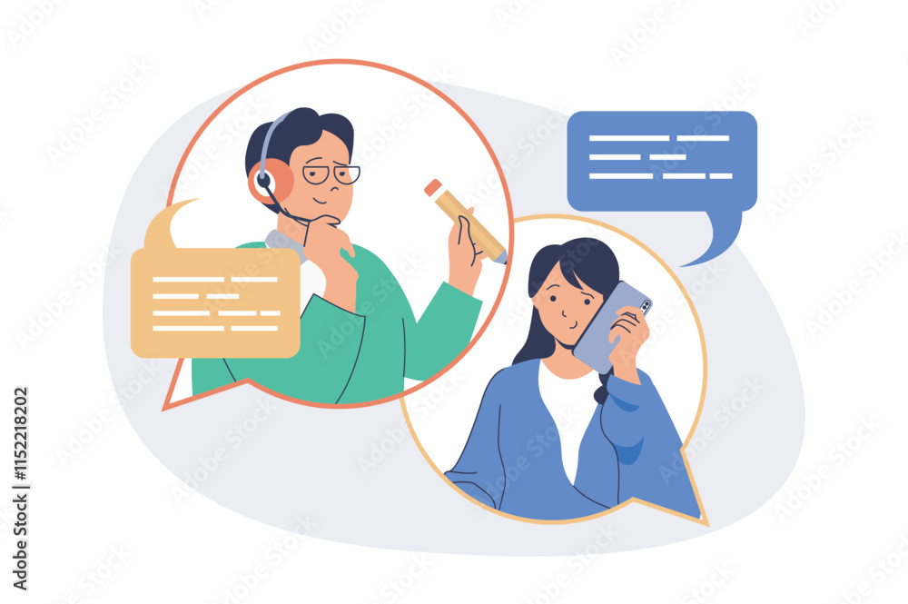 Poster call center web concept with flat cartoon people for website design.