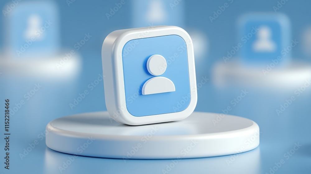Poster user profile icon, white & blue button with person silhouette for account access in web and app desi