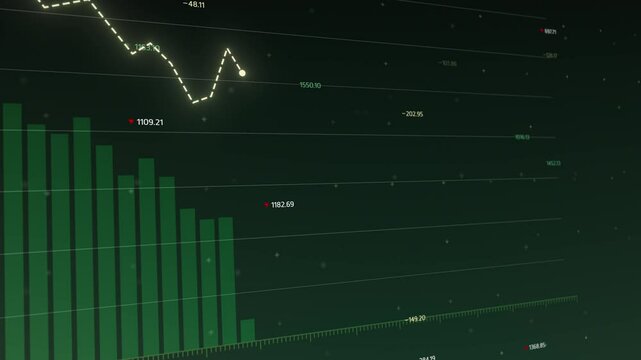 Dynamic financial diagram showcasing increased profit trends and decreased loss metrics, green bar graphs and lines illustrating market performance, data visualization of economic growth, Copy space