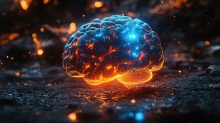 Glowing human brain, fiery embers, sparks, neural network, intellect, energy, power, knowledge, mind, concept.