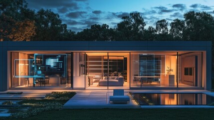 Fototapeta premium Modern smart home with pool at dusk, showcasing interior through large glass windows.
