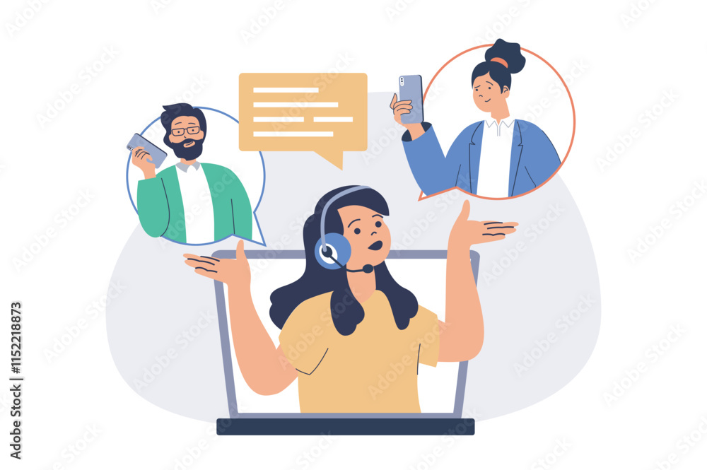 Poster call center web concept with flat cartoon people for website design.