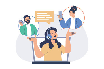Call center web concept with flat cartoon people for website design.