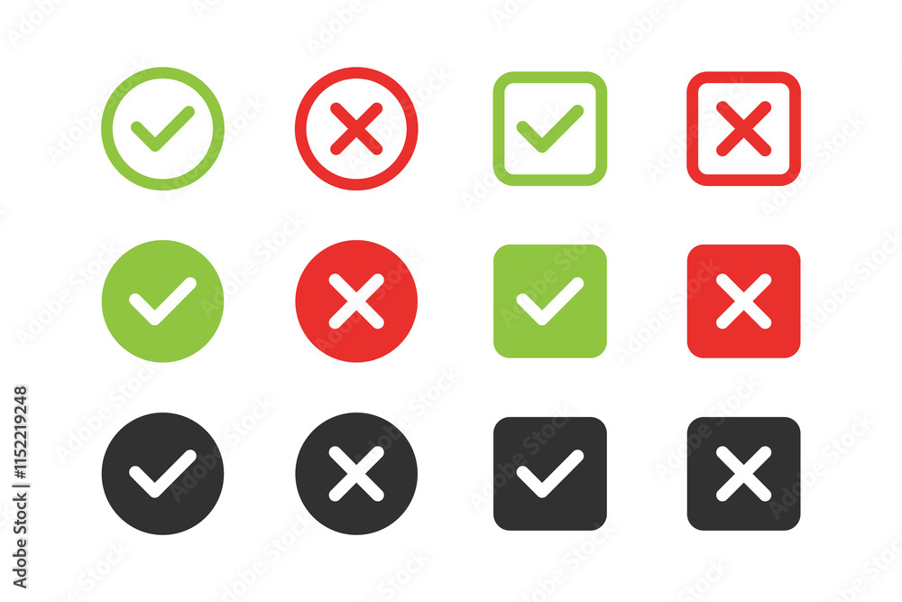 Poster green check and red cross symbols. check mark, tick, and x mark icon. checkmark and x mark icon. gre