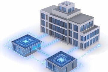 Modern Building with Digital Network Connection Illustration