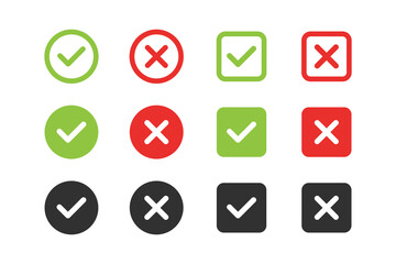 Green check and red cross symbols. Check mark, Tick, and X mark icon. Checkmark and x mark icon. Green checkmark and red cross vector symbol for right and wrong choices. © Hunter Leader
