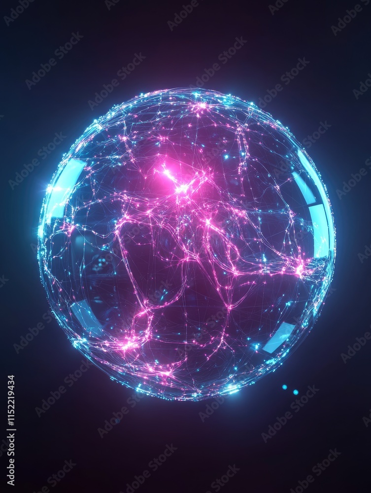 Poster a glowing, spherical network of interconnected lines and nodes in vibrant colors.