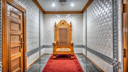 A throne room with an ornate throne, a red carpet, and symmetrical design.
