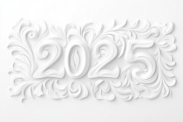 Fototapeta premium Elegant 2025 Paper Art Design. A stunning new year's eve graphic with beautiful white paper art design. A classy and creative illustration for the new year. A perfect piece for your home decor.