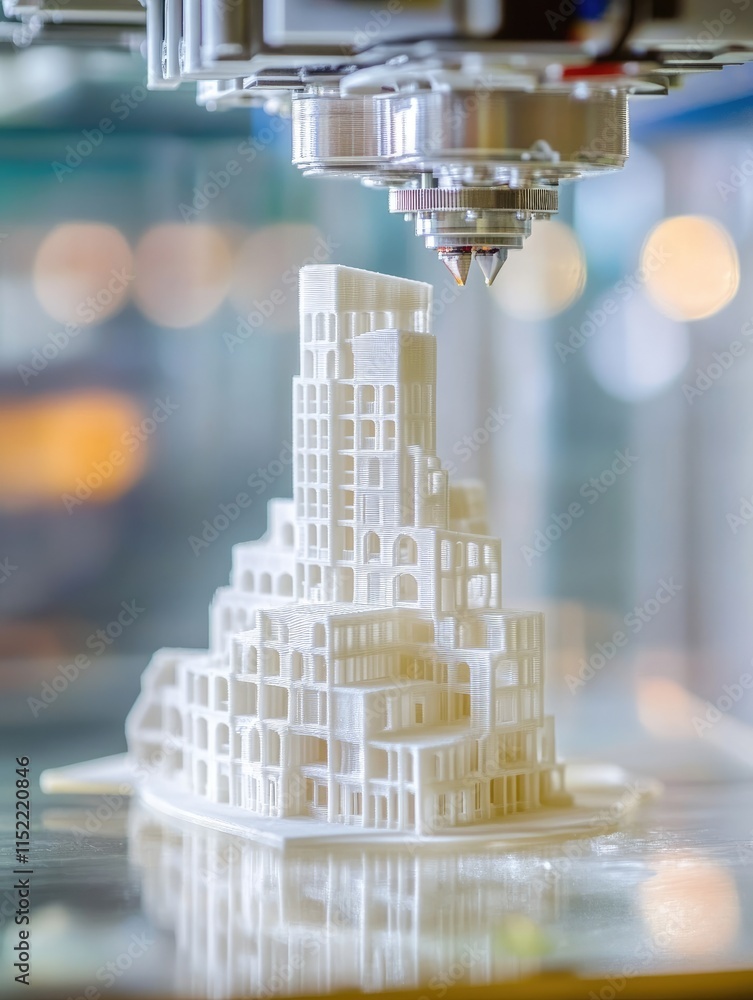 Poster a 3d printer creating a detailed architectural model.