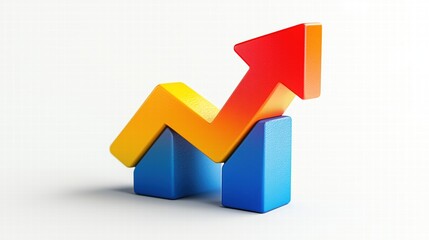 Red and yellow arrow is on top of two blue blocks. The arrow is pointing upward, which could represent growth or progress. The blocks are stacked on top of each other