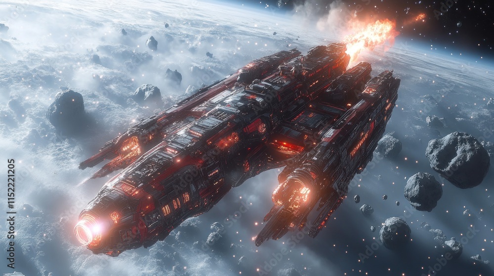 Poster fiery spaceship navigating asteroid field near planet.