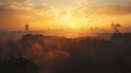 Fototapeta premium Tranquil Evening Skyline with Birds in Distance