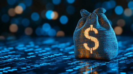 digital money bag with dollar sign on blue digital background, glowing lights and binary code in the foreground, high resolution