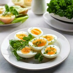 Soft-Boiled Eggs with Fresh Herbs and Greens on a White Plate