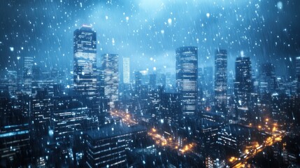 Fototapeta premium Night cityscape with heavy snowfall.