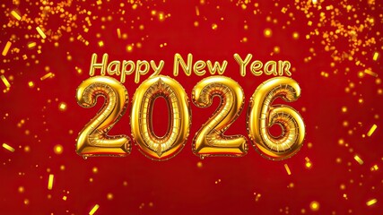 Gold Happy New Year 2026 message Red balloons with decoration party. symbolizes the start of the new year