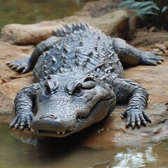 Obraz premium A large, textured alligator resting on rocks near water with vegetation behind.