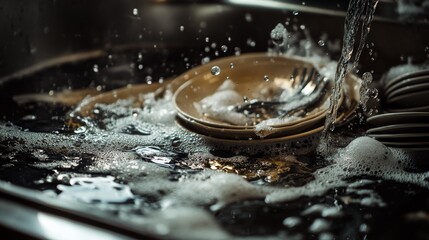A sink full of dirty dishes with water pouring out of it. Scene is one of chaos and disarray, as the dishes are piled high and the water is overflowing