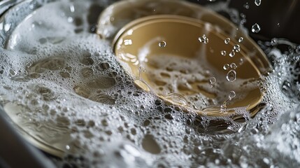A plate is being washed in a sink with soapy water. The water is bubbling and splashing around the plate
