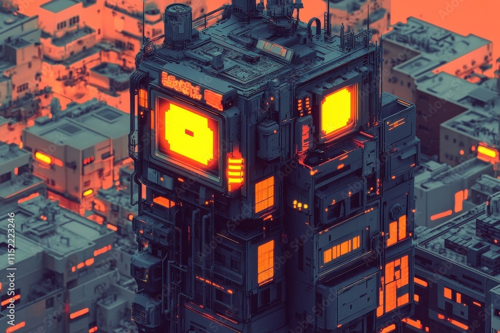 Poster stunning cyberpunk tower with rotating holograms and glowing highlights in a dark urban nightscape, 