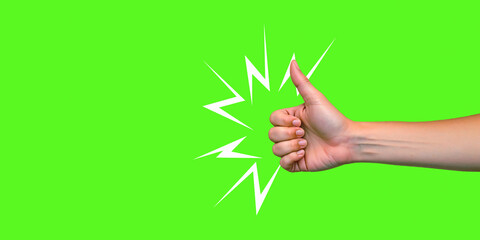 Hand with Approval Gesture on Vibrant Green Background in Minimalist Style.