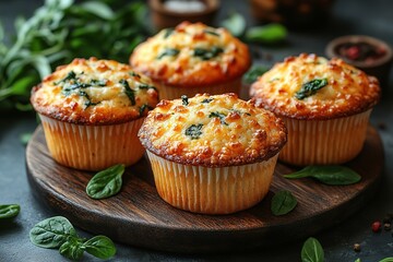 Four muffins with spinach on top